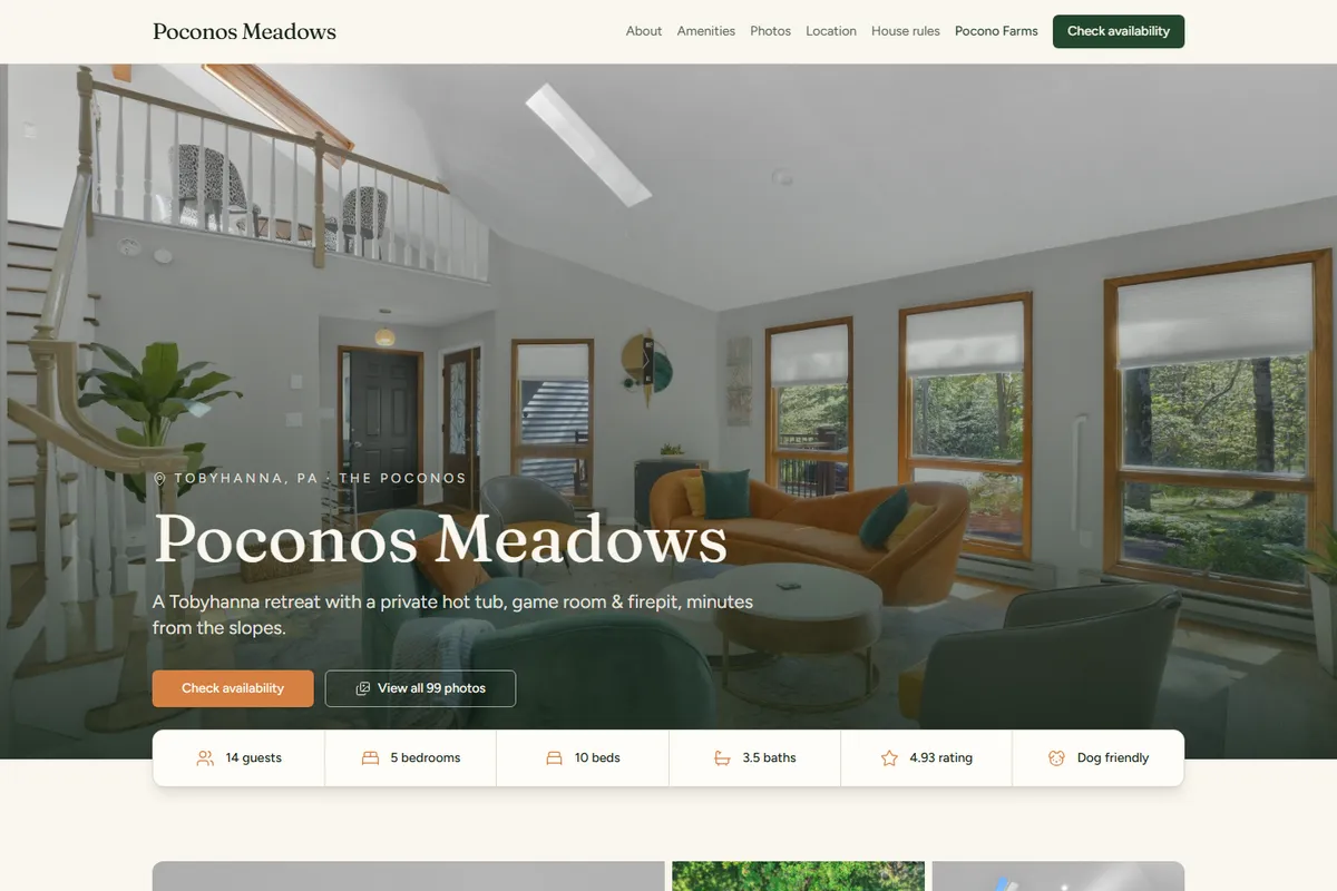 Poconos Meadows direct booking website homepage