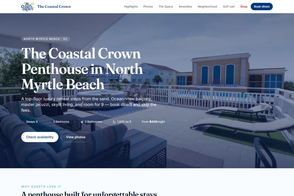 The Coastal Crown direct booking website homepage