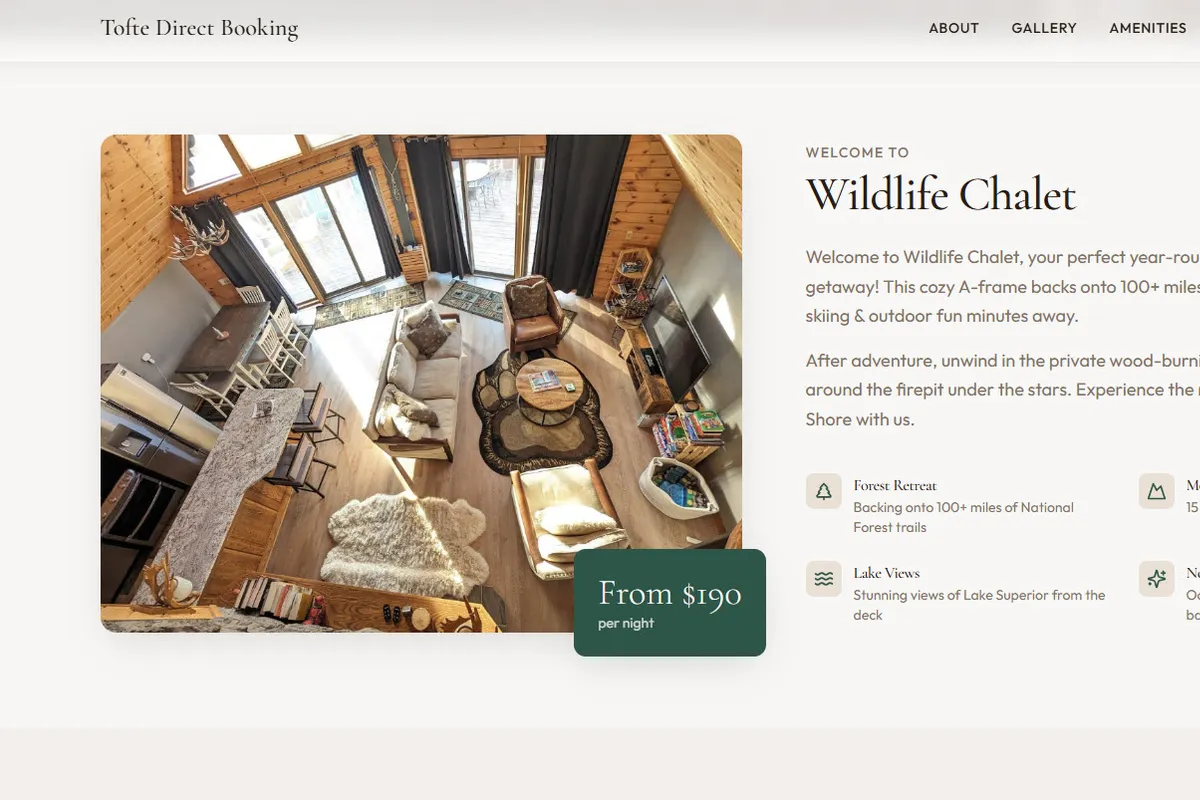Wildlife Chalet, a cabin listing shown on its own direct booking website